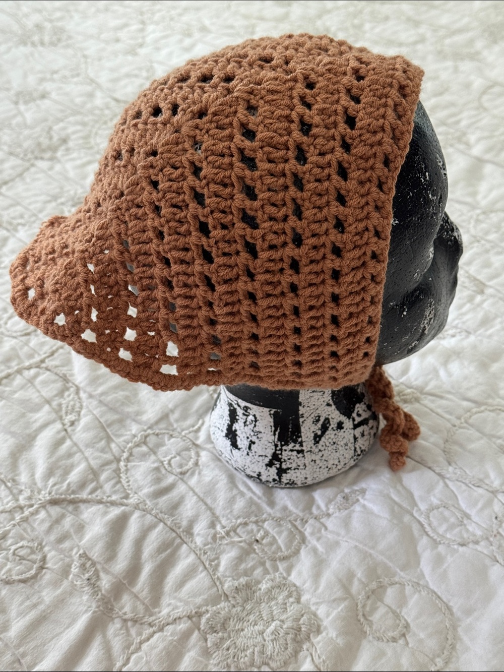 Handmade knitted Scarfed Bonnet in Brown